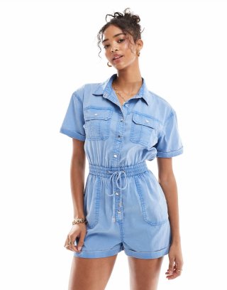 Miss Selfridge acid wash utility romper in blue