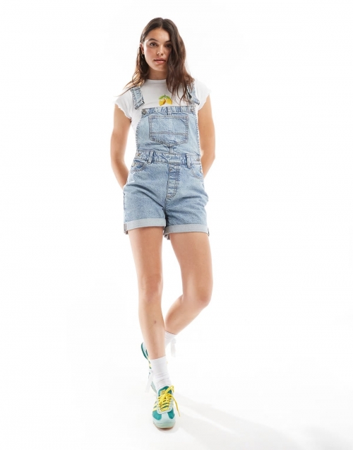 Miss Selfridge overalls denim shorts in blue acid wash