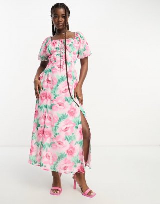 Miss Selfridge chiffon puff sleeve maxi dress with back detail in pink floral