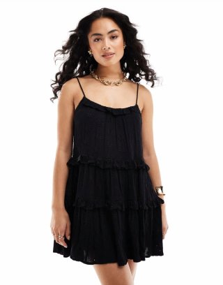 Miss Selfridge beach broderie tie shoulder cover up mini dress in black