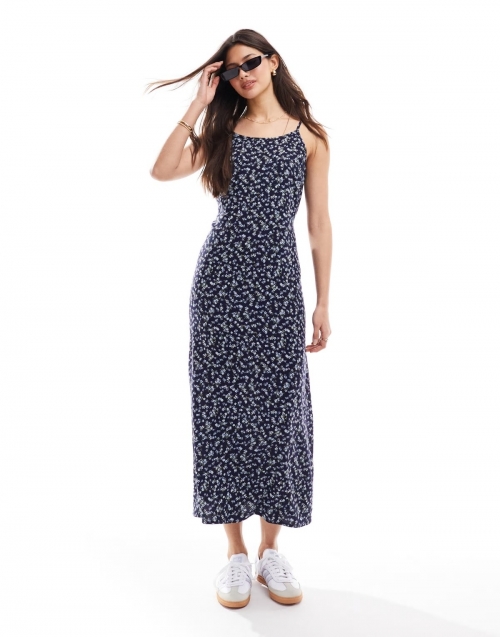 Miss Selfridge strappy scoop neck midaxi slip sundress in blue ditsy