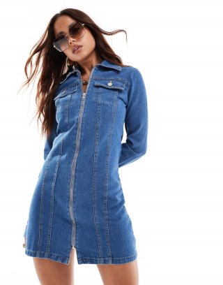 Miss Selfridge denim zip detail shirt dress in mid blue wash