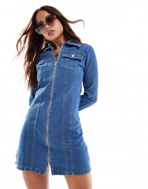 Miss Selfridge denim zip detail shirt dress in mid blue wash