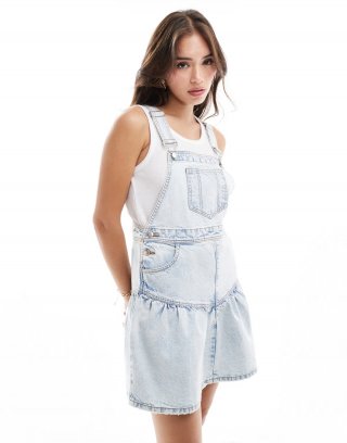 Miss Selfridge drop hem overall mini dress in light blue wash