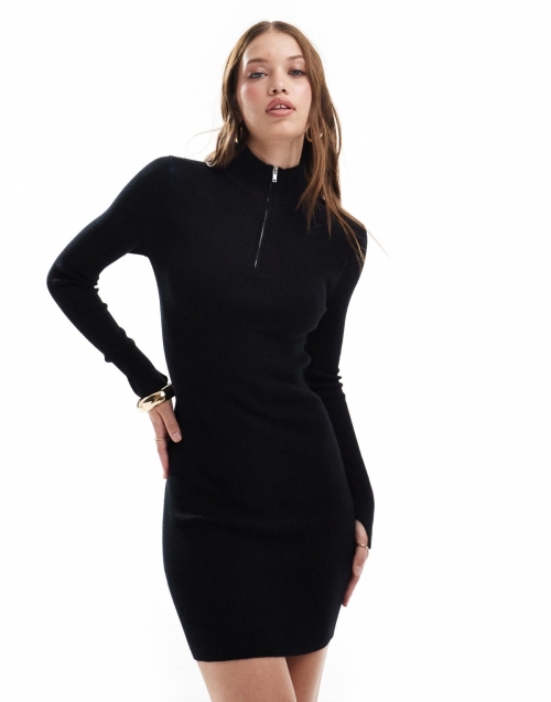 Miss Selfridge rib knit half zip collar detail mini dress in black