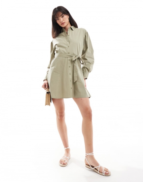 Miss Selfridge poplin belted mini shirt dress in khaki