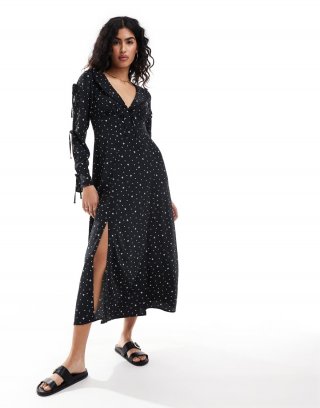 Miss Selfridge collar tie front bow sleeve maxi dress in polka dot bow print