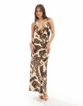 Miss Selfridge satin tie front maxi slip dress in animal print