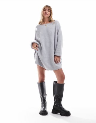 Miss Selfridge slash neck oversized knit mini dress in gray heather