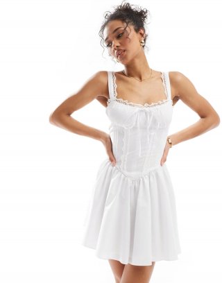 Miss Selfridge poplin lace trim corset mini dress in white