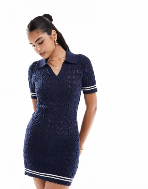 Miss Selfridge crochet contrast polo collar mini dress in navy blue