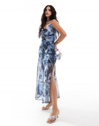 Miss Selfridge chiffon metallic cowl neck maxi slip dress in blurred floral print