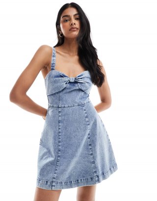 Miss Selfridge bow detail denim mini dress in light blue