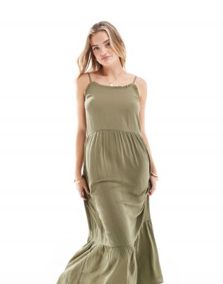 Miss Selfridge cheesecloth tiered maxi sundress in khaki