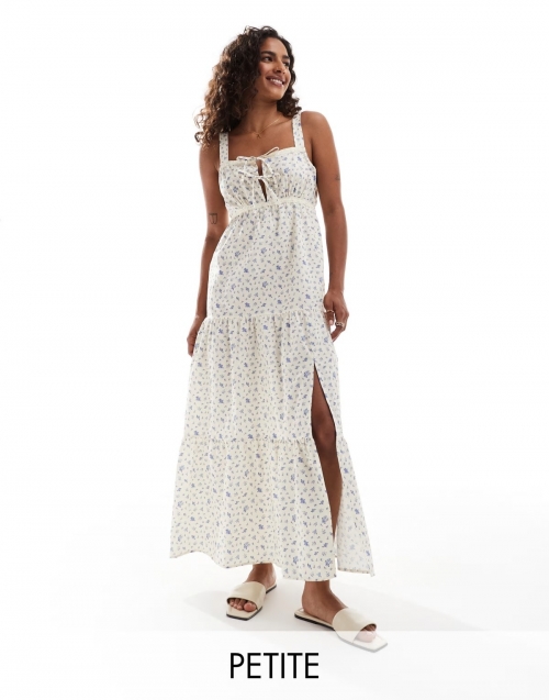 Miss Selfridge Petite poplin tiered lace trim maxi dress in blue ditsy