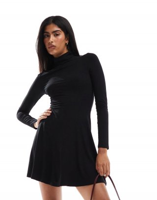 Miss Selfridge fit and flare roll neck mini dress in black