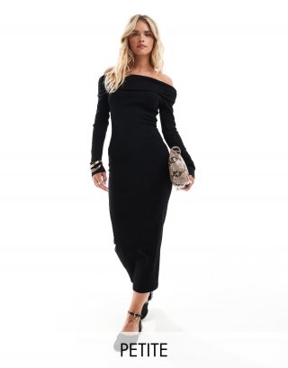 Miss Selfridge Petite long sleeve bardot maxi dress in black