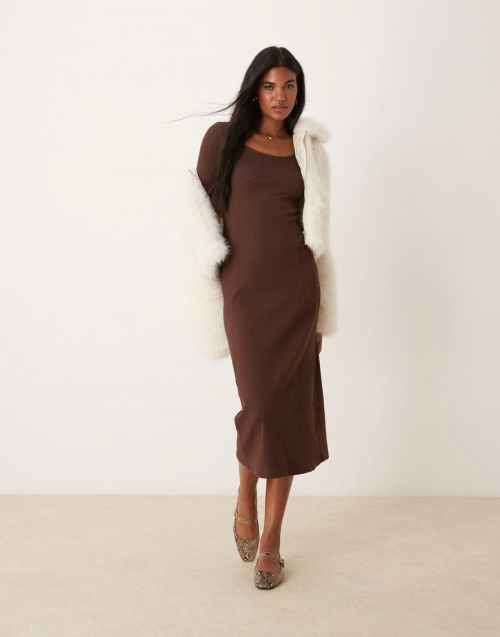 Miss Selfridge long sleeve corset scoop neck maxi dress in chocolate