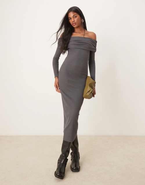 Miss Selfridge long sleeve bardot maxi dress in gray