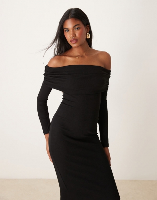 Miss Selfridge long sleeve bardot maxi dress in black