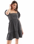 Miss Selfridge puff sleeve denim mini dress in black wash