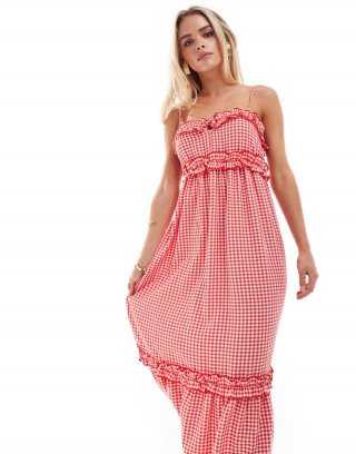 Miss Selfridge Petite cami ruffle trim maxi dress in red gingham