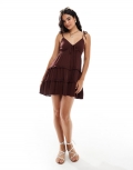 Miss Selfridge cheesecloth tiered mini sundress in chocolate