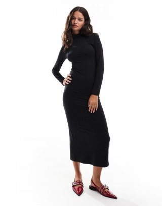 Miss Selfridge soft touch long sleeve high neck maxi dress in black