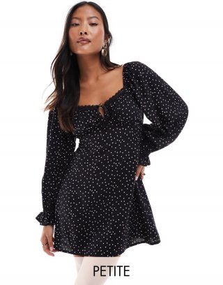 Miss Selfridge Petite ribbon detail tie front mini tea dress in polka dot