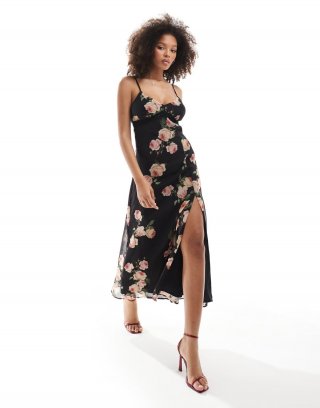 Miss Selfridge chiffon lace trim maxi slip dress in oversized rose print