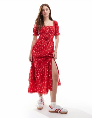 Miss Selfridge corset detail tiered maxi dress in red rose print