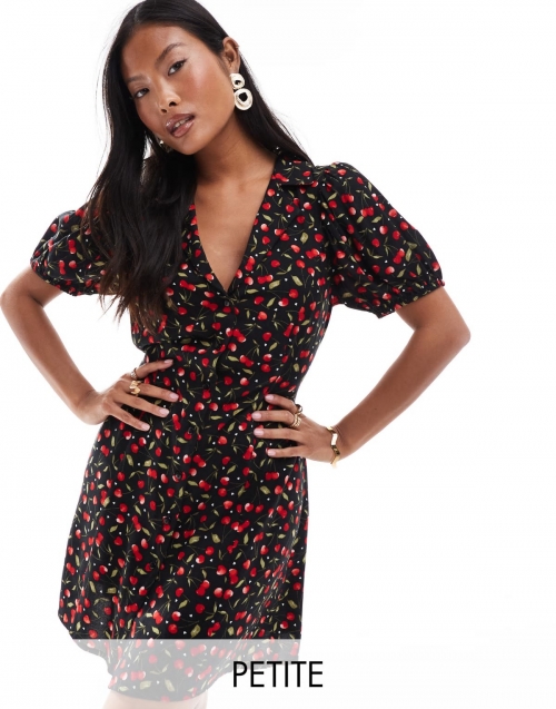 Miss Selfridge Petite button through mini tea dress in cherry print