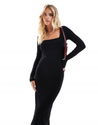 Miss Selfridge Petite long sleeve scoop neck maxi dress in black