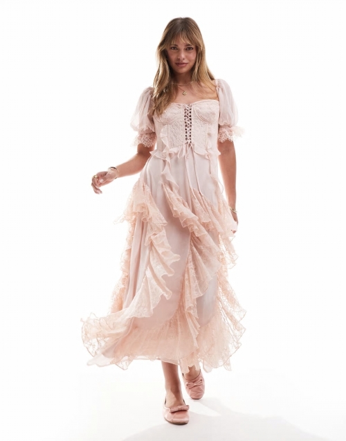 Miss Selfridge lace ruffle maxi dress in pink