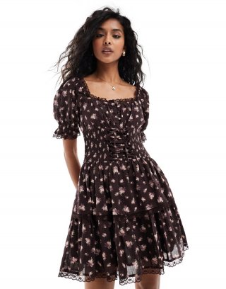 Miss Selfridge mini tiered corset dress in brown ditsy