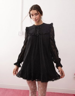 Miss Selfridge ribbon detail lace smock dress in black