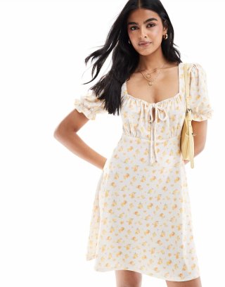 Miss Selfridge square neck mini tea dress in lemon print