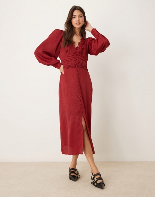 Miss Selfridge satin jacquard button through lace trim midi dress in berry