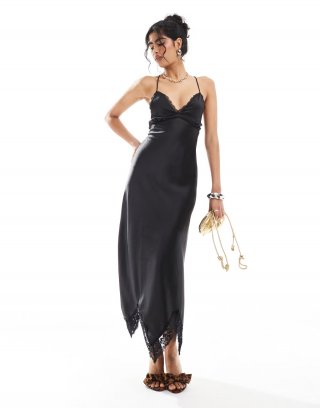 Miss Selfridge satin maxi dress with lace insert in black