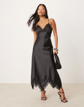 Miss Selfridge Petite satin maxi dress with lace insert in black