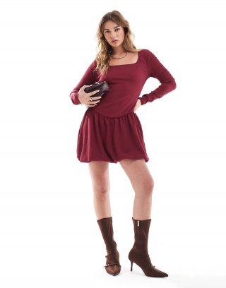 Miss Selfridge bubble hem mini dress in burgundy