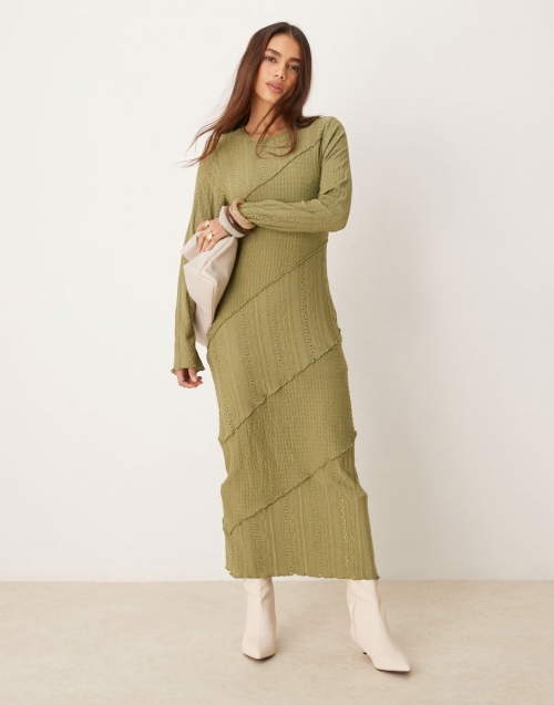 Miss Selfridge mixed texture long sleeve dress in olive