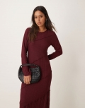 Miss Selfridge mixed texture long sleeve dress in burgundy