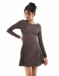 Miss Selfridge mixed texture long sleeve scoop back dress in chocolate