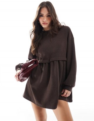 Miss Selfridge soft rib smock dress in chocolate