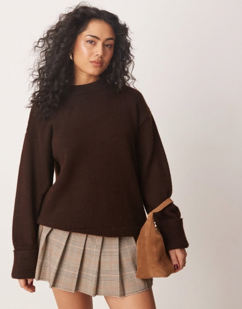 Miss Selfridge crew neck knitted sweater in brown