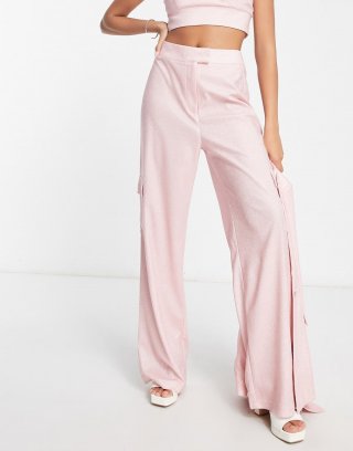 Miss Selfridge wide leg pants in pink glitter - part of a set