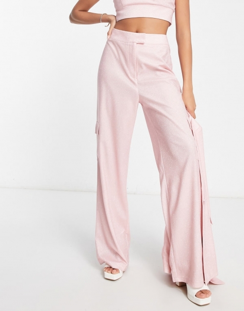 Miss Selfridge wide leg pants in pink glitter - part of a set