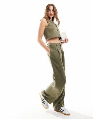 Miss Selfridge linen blend tailored wide leg pants in khaki