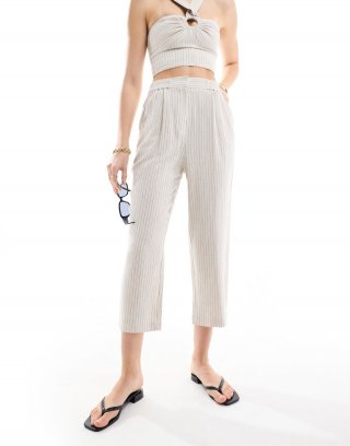 Miss Selfridge linen mix stripe pull on tapered pants in natural